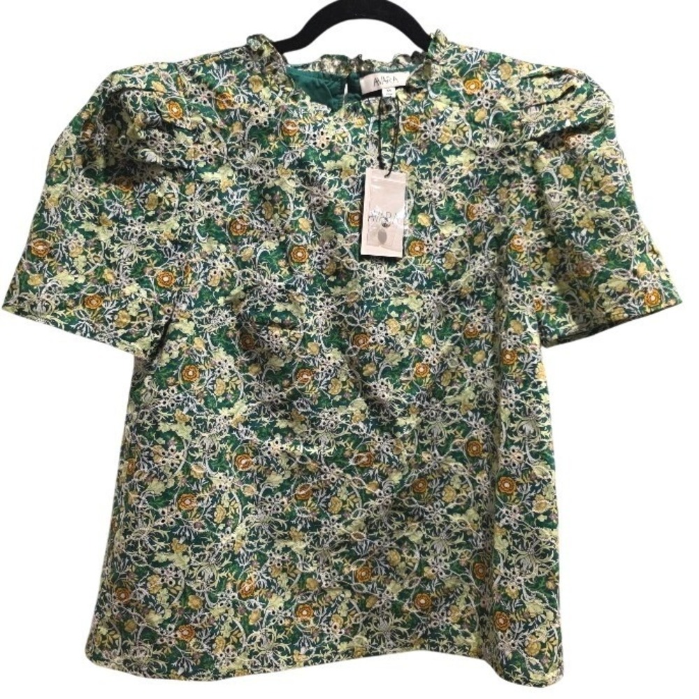 Avara Green Floral Eyelet Blouse Top Puff Sleeve Embroidered Medium NEW